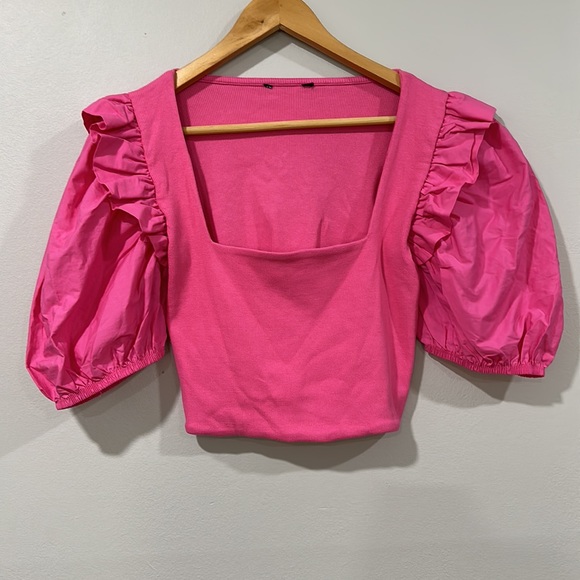 Zara Pink Balloon Ruffle Puff Sleeve Square Neck Rib Cropped Top Size L - Picture 10 of 13